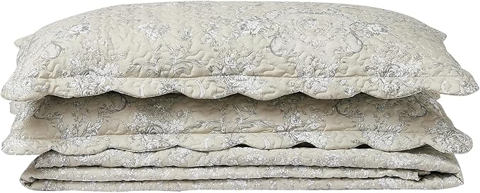 Brilliant Sunshine Classic Grey Floral Toile in Beige Background, 3-Piece Quilt Set with 2 Shams, Reversible Bedspread, Soft Lightweight Coverlet, All-Season, King, Beige