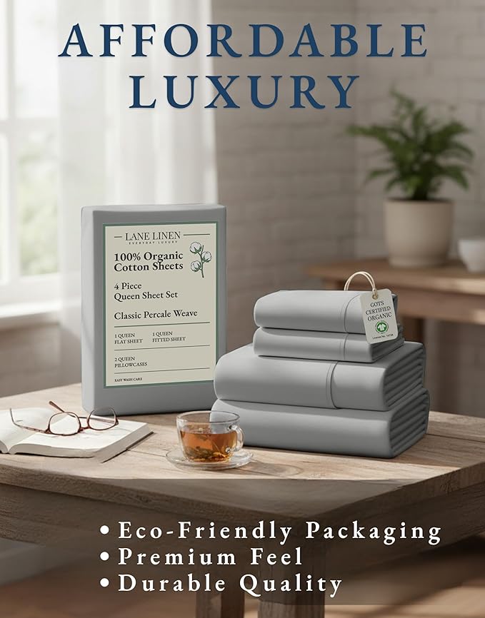 LANE LINEN 100% Organic Cotton Mercerized Queen Sheets, Soft & Comfy Naturally Cooling Cotton Sheets Queen Size Set, Classic Percale Weave Low Pill Fade Resistant Queen Bed Sheets- Silver