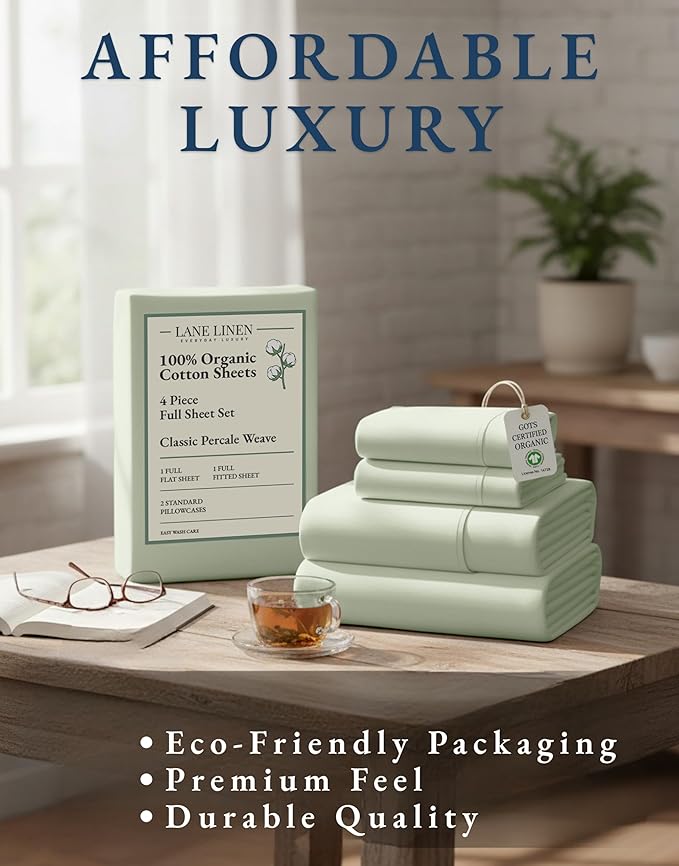LANE LINEN 100% Organic Cotton Eco Friendly Full Size Sheet & Pillowcase Sets, Fully Elasticized Soft & Comfy Percale Bedding, Naturally Temperature Regulating Cotton Sheets Full- Mineral