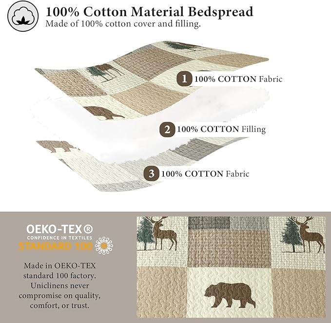 Uniclinens Plaid Quilt Set King Size, 100% Cotton Patchwork Quilts, Brown Farmhouse Lightweight Quilted Comforter, Soft Rustic Bedspread, 3 Pieces Set with 2 Pillowshams, Beige/Brown/Gray