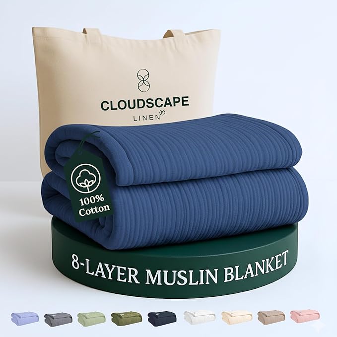 Cloud Scape Linen 100% Cotton 8 Layer Twin Size Muslin Blanket - Breatheable and Soft Winter Blanket for Bed, Couch and Sofa, Oversized Fits up to Twin XL, Best Gift Idea, 68x92, Ensign Blue