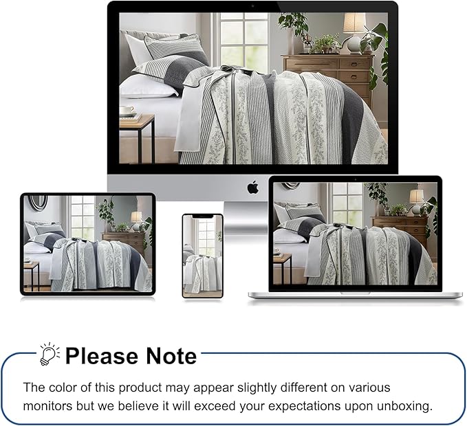 Stripe Quilt King Size - 100% Cotton Lightweight 3 Pieces Bedding Set, Vintage Vine Pattern Quilted Bedspread with 2 Pillowshams, Farmhouse Printed Coverlet for All Season, Green/Gray