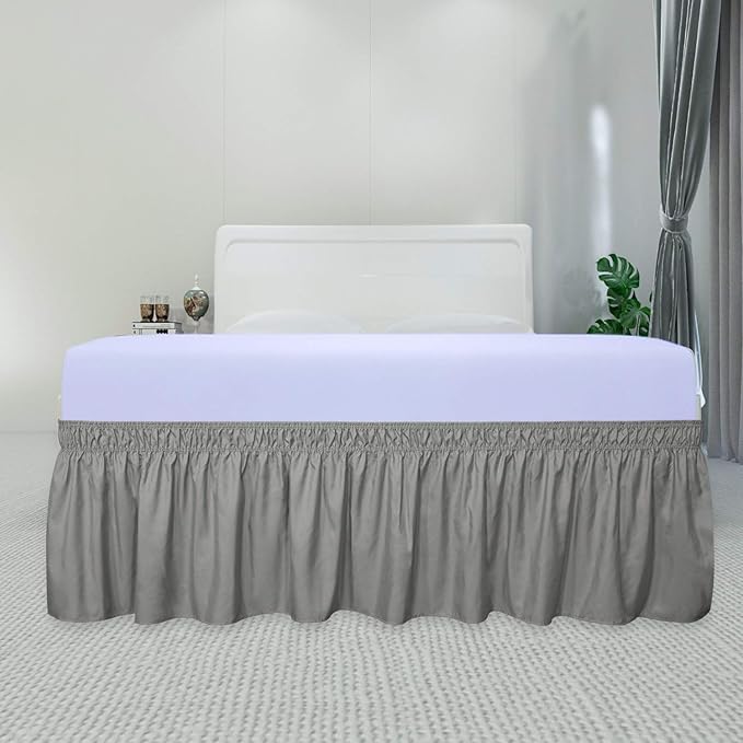 PureFit Wrap Around Ruffled Bed Skirt with Adjustable Elastic Belt - 14 Inch Drop Easy to Put On, Wrinkle Free Bedskirt Dust Ruffles, Bed Frame Cover for Queen, King and C-King Size Beds, Gray