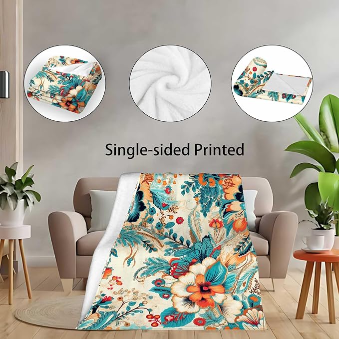 Flowers Blanket Throw, Turquoise Orange Hues Leaves Throw Blanket for Women Men, Soft Lightweight Flannel Fabric, Washable No-Pilling, 40x50 inches