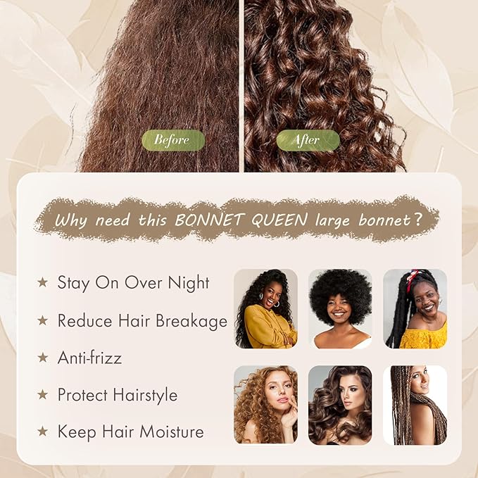 BONNET QUEEN Large Satin Silk Bonnet for Sleeping Women's Curly Hair - Big Night Sleep Cap Scarf Wrap with Tie Band - Yellow Gold