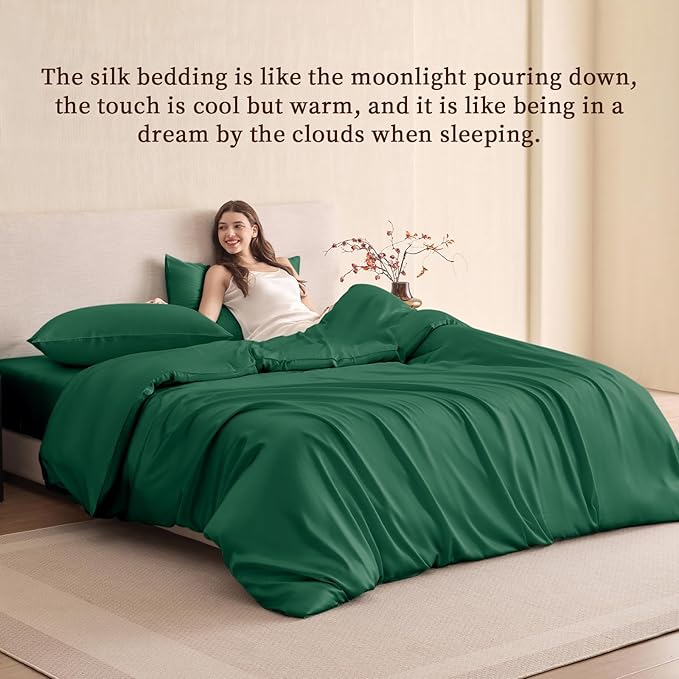 THXSILK 100% Pure Mulberry Silk Duvet Cover Set 3 Piece, 6A+ Grade Luxury Soft Bedding Silk Sheets for Hair and Skin, 1 Pcs Quilt/Comforter Cover with 2 Zippered Pillowcases (Emerald Green, Full)
