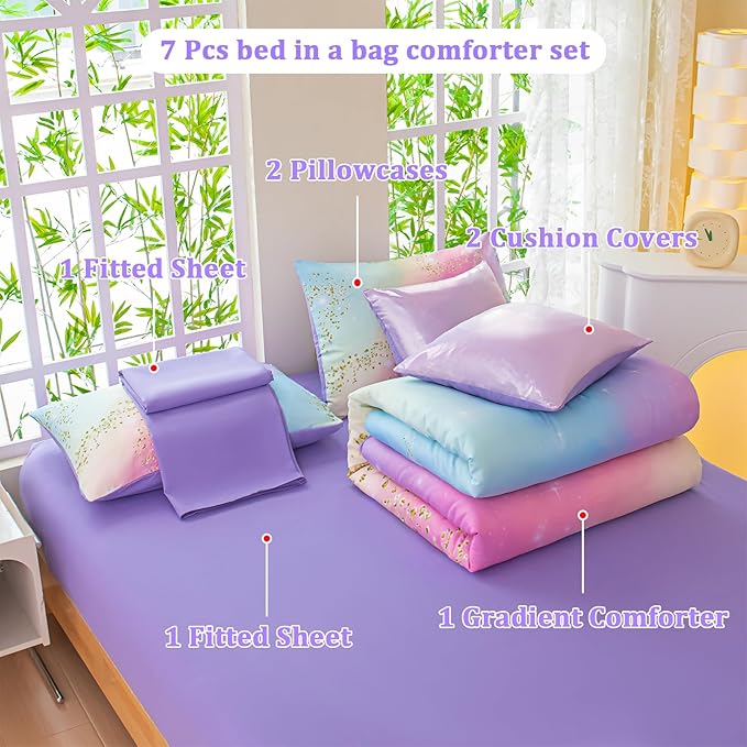 Rainbow Bedding Set Twin Size – 7 Piece Reversible Girls Comforter with Deep-Pocket Sheet, Gradient Galaxy Design, Whole-Piece Filling, Machine Washable Bed-in-a-Bag for Kids Room Makeover & Gifts