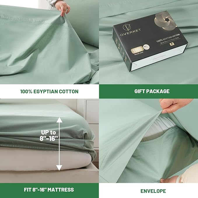 100% Egyptian Cotton Sheets Cal King Sheet Set 1000 Thread Count Sateen Weave Soft Breathable 16-Inch Deep Pocket 4PCS（California King,Sage Green）