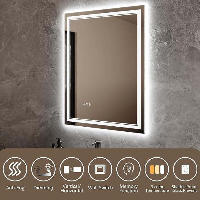 Bathroom Mirror with Lights 28"X36" with Front Light and Backlit, Tempered Glass, Wall Mount Horizontal/Vertical, Stepless Dimmable, 3 Colors, Anti Fog, Bathroom Memory LED Mirror