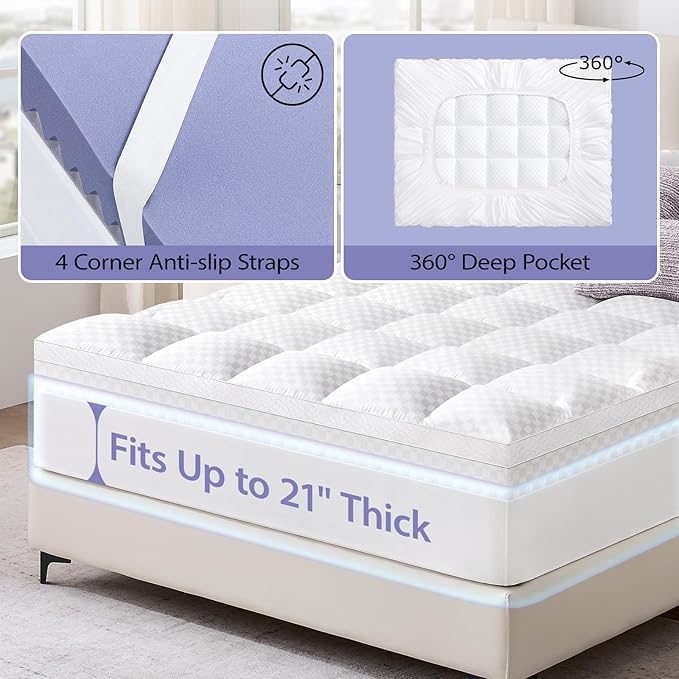 downluxe 4 Inch Twin XL Memory Foam Mattress Topper Pro Dual Layer 2 Inch Cooling Gel Egg Crate Memory Foam Plus 2 Inch Pillow Top Medium Firm with Deep Pocket