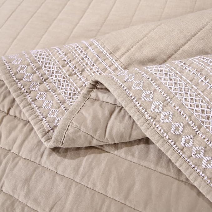 Quilt Set Floral Leaves 3D Embroidery Pattern 2 PCS Cotton Reversible Quilted Embroidered Decorative Bedspreads Coverlet Set, Lightweight &Soft Queen Size Beige Bedding Coverlet for All Season