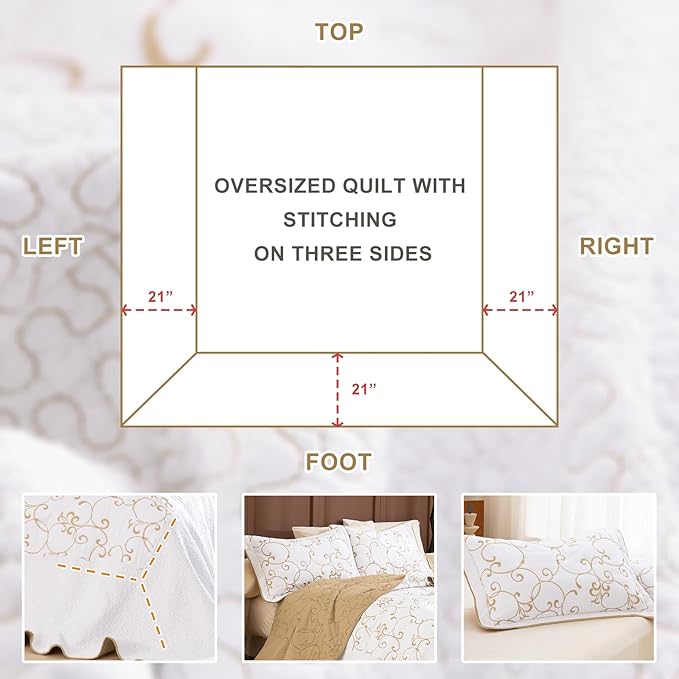 Lady Ann Oversized King 120x120 Quilt Bedspreads,100% Cotton Embroidery Pattern California King Size Quilt Bedding Set Extra Large White with Gold Bedding Coverlet Sets Lightweight All Season 3 Pcs