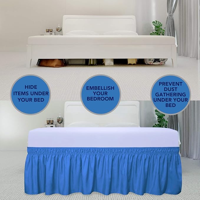 PureFit Wrap Around Ruffled Bed Skirt with Adjustable Elastic Belt - 14 Inch Drop Easy to Put On, Wrinkle Free Bedskirt Dust Ruffles, Bed Frame Cover for Twin,Twin XL and Full Size Beds, Blue