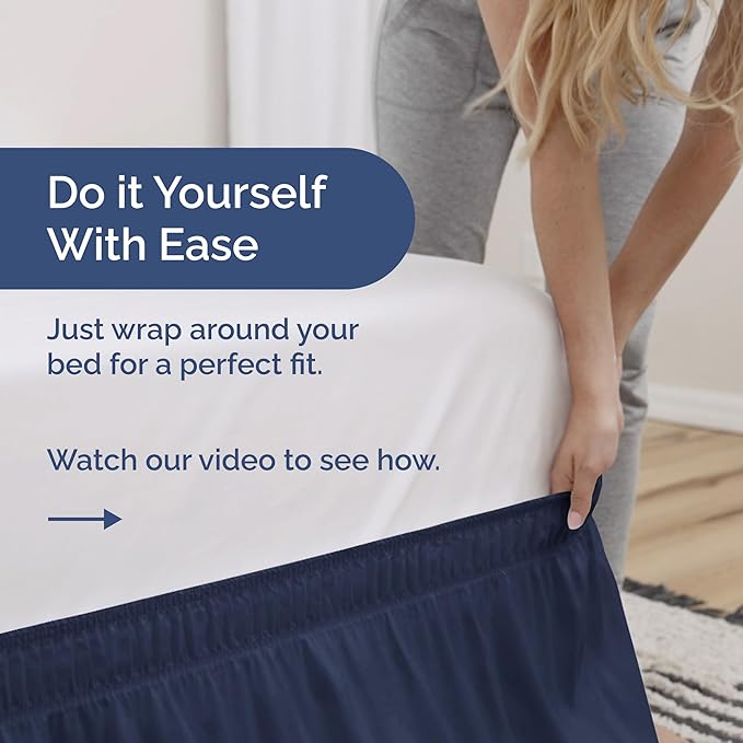 Wrap Around Dust Ruffle Bed Skirt - Navy Blue - for Queen Size Beds with 15 Inch Drop - Elastic Strap - Adjustable Pleated Bedskirt with Brushed Fabric and Wrinkle Free - for Women, Men, Kids & Teens