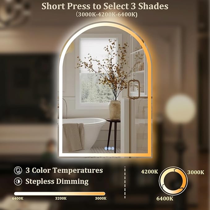 BEAUTYPEAK LED Arch Bathroom Mirrors with Lights, 40x30 Arch Mirror with Metal Frame, Anti-Fog,LED Mirror with Front Light and Backlit, Memory Function for Bathroom, Dressing Room