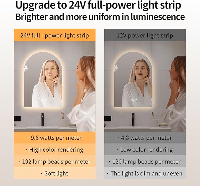 Arched Shaped LED Bathroom Mirror with dimming Lighting, 24V, 3 Color temperatures, defogger, 5MM Silver Glass (51" L x 27" W)