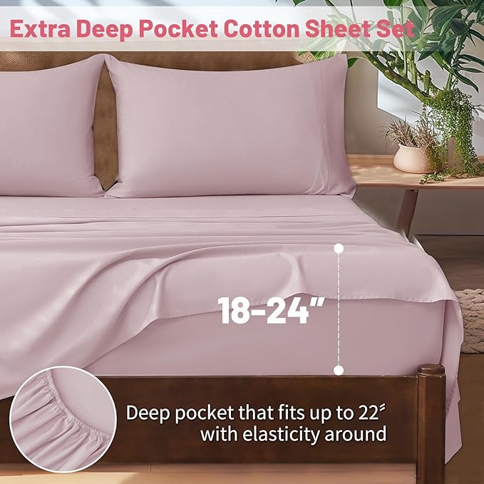 Extra Deep Pocket California King Sheets 18-24 Inch 1000 Thread Count 100% Egyptian Cotton Sateen Weave Soft Breathable 4 Pieces（California King,Light Pink）