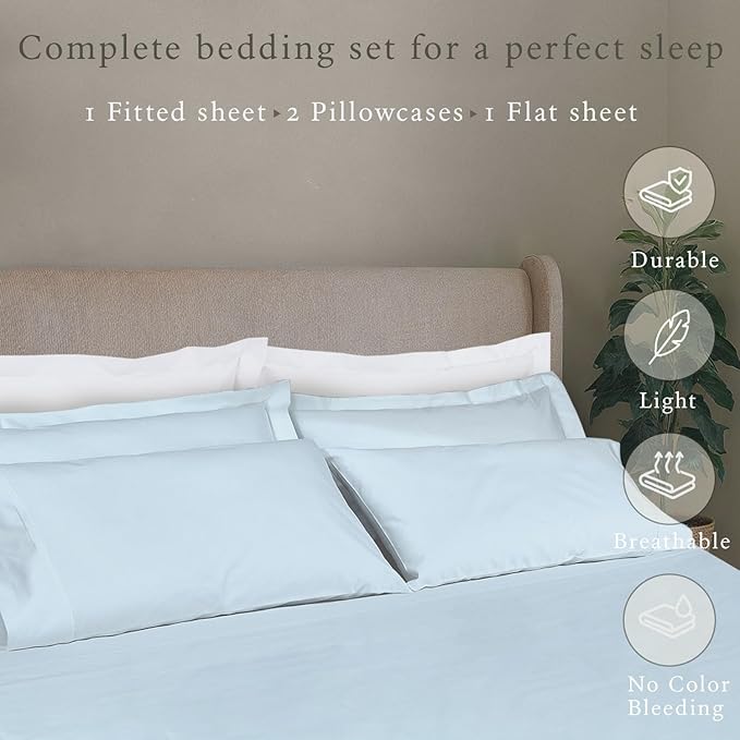 Threadmill Cotton Full Size Sheet Set, Deep Pocket, Fade Resistance, 500 Thread Count, Solid 4-Piece Bed Sheets for Full Size Mattress (1 Flat, 1 Fitted Sheet, 2 Pillow Covers), Light Blue