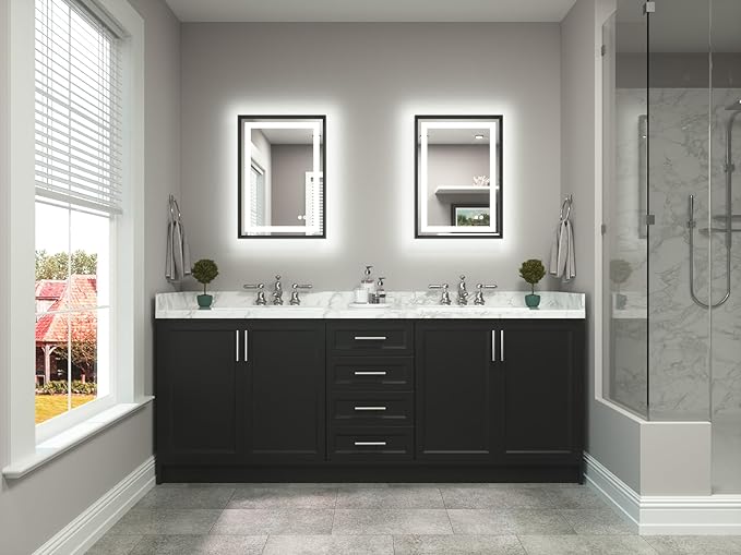 TETOTE 20 x 28 Bathroom LED Mirror Brushed Black Metal Frame Frontlit & Backlit Vanity Mirror Anti-Fog Stepless Dimmable 3 Colors White/Warm/Natural Wall-Mounted