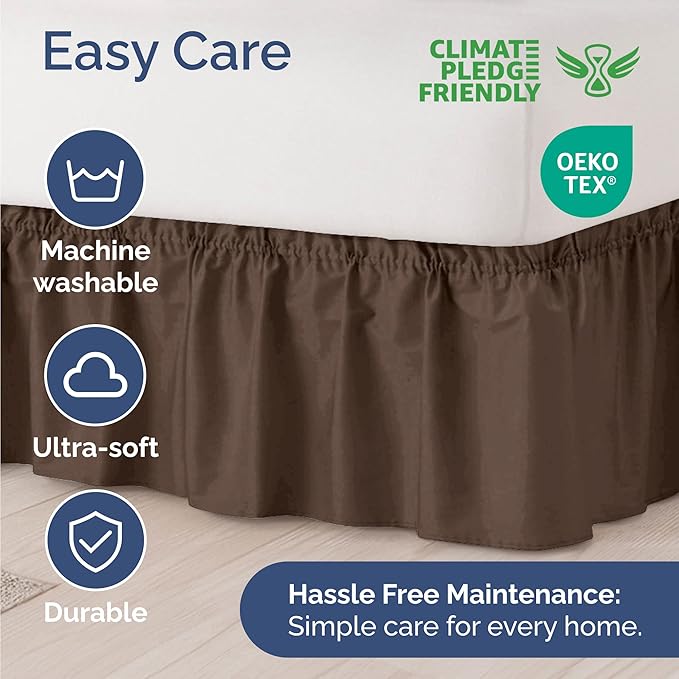Wrap Around Dust Ruffle Bed Skirt - Brown - for Queen Size Beds with 15 Inch Drop - Easy Fit Elastic Strap - Adjustable Pleated Bedskirt w/Brushed Fabric - Wrinkle Free - for Women, Men, Kids & Teens