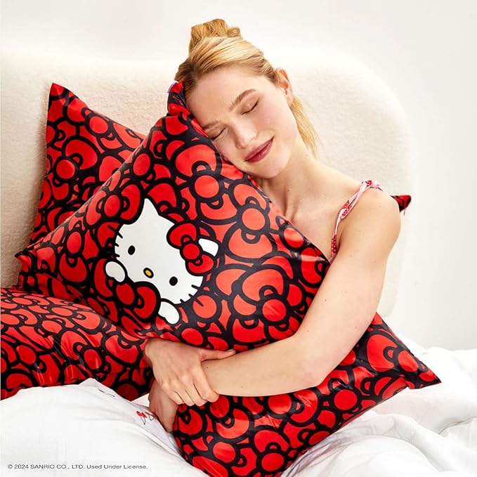 Kitsch x Hello Kitty Sea of Bows - Satin Pillowcase with Zipper for Hair and Skin, Softer Than Silk, Smooth Cooling Pillow Covers, Machine Washable - Queen/Standard Size (19x26)