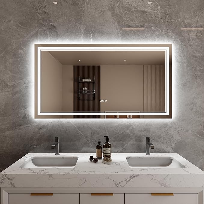 Bathroom Mirror with Lights 30"X55" with Front Light and Backlit, Tempered Glass, Wall Mount Horizontal/Vertical, Stepless Dimmable, 3 Colors, Anti Fog, Bathroom Memory LED Mirror
