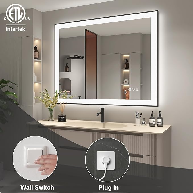 SMIROR 40x30 Black Frame LED Mirror for Bathroom Wall, Large Lighted Vanity Mirrors, Dimmable, Anti-Fog, Memory, Shatterproof, ETL Listed (Front Lights and Backlit)