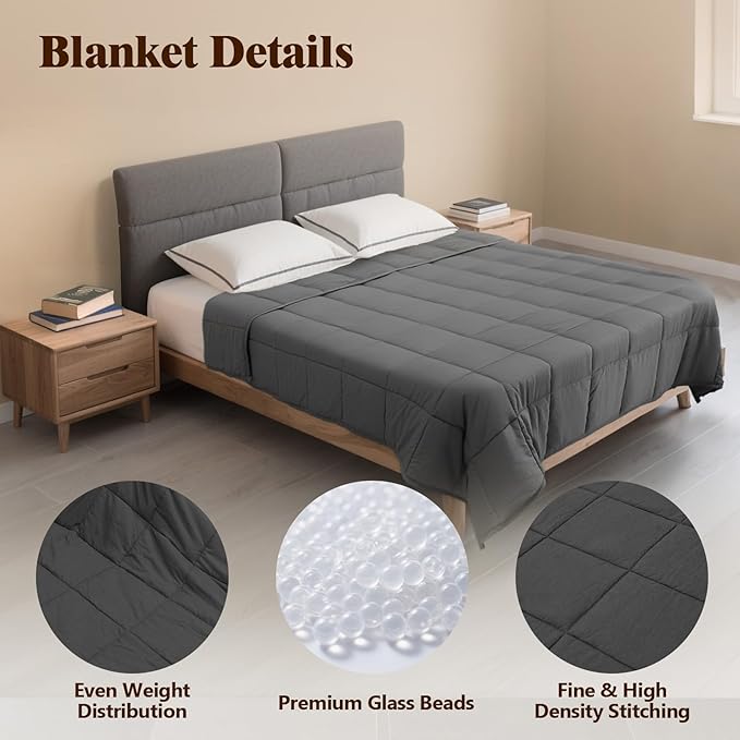 Weighted Blanket for Adults (15 lbs, 48" × 72", Grey) Twin Size Heavy Blanket for 140-160lbs, Breathable Weighted Throw Blanket with Glass Beads for All Season, Washable
