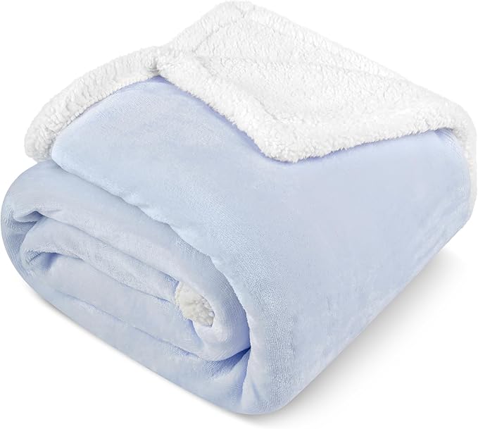 PAVILIA Sherpa Fleece Throw Blanket for Couch, Light Blue, Plush Soft Fuzzy Sofa Blanket, Cozy Reversible Winter Throw for Women Men, 50x60 Inches