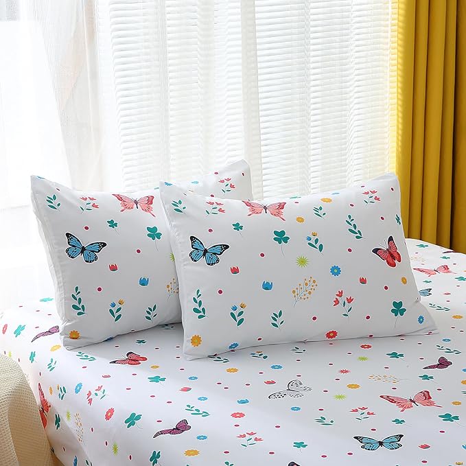 Wajade Butterfly Twin Comforter Set for Girls Kids Bedding Sets for Girls 7 Pieces Bed in a Bag Colorful Butterflies Flower Leaves Bedding Set All Season Lightweight
