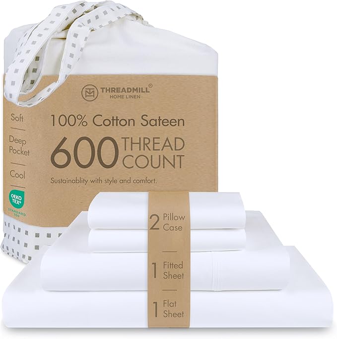Threadmill 100% Cotton Sheets for Full Size Bed - 600 Thread Count Full Bed Sheets Set with 16” Deep Pocket - Sateen Weave 4-Piece Bedding Set with Cooling Effect, White