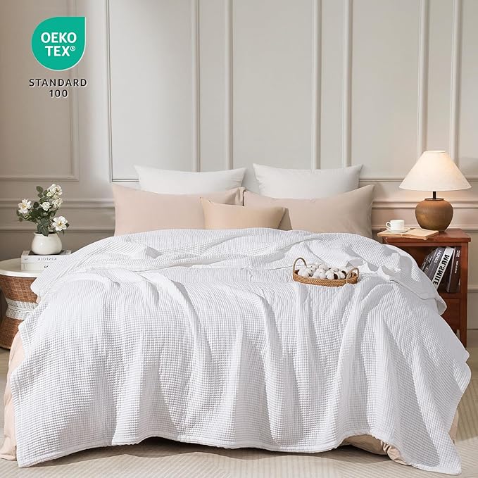 PHF 100% Cotton Waffle & Muslin Blanket Twin Size, Soft Breathable Luxury 400GSM Versatile Reversible Bedding for Bed, Great for Layering in Cold Weather, Home Decor Gift, 66" x 90", White