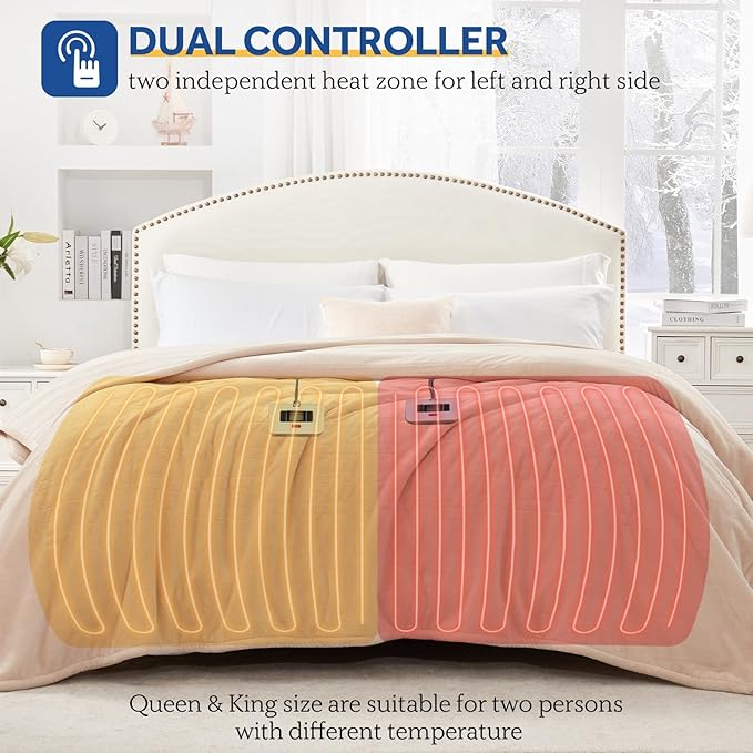 Sealy Electric Blanket King Size, Flannel Heated Blanket with10 Heating Levels & Auto Shut Off, Machine Washable, Beige, 100 x 90 Inch