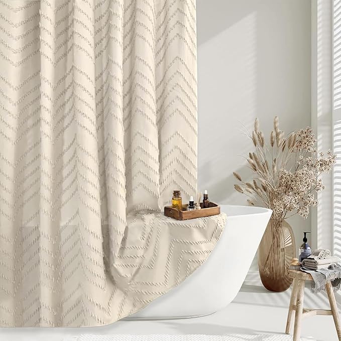 96inch Extra Long Beige Shower Curtain Modern Farmhouse Shower Curtain Bohemian Chic Tufted Chevron Textured Striped Minimalist Shower Curtains Woven Fabric Cute Beige Shower Curtains