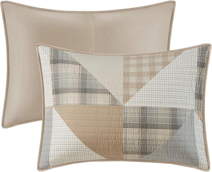 Woolrich Olsen Reversible Quilt Set - Cottage Styling Reversed to Solid Color, All Season Lightweight Coverlet, Cozy Bedding Layer, Matching Shams, Oversized Full/Queen, Geometric Plaid Tan 3 Piece