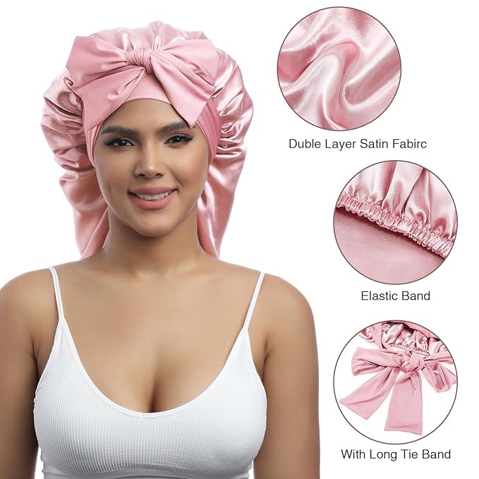 AWAYTR Long Satin Bonnet for Women - Double Layer Elastic Silk Bonnet for Braids Hair Sleeping Cap with Tie Band (Pink)