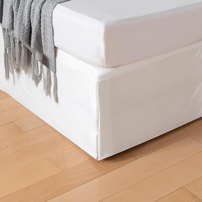 King Bed Skirt, Grid Plaid Soft Quadruple Pleated Ruffle Bed Skirt, Tailored Dust Ruffle 14 Inch Drop Easy Fit, Machine Washable (White)