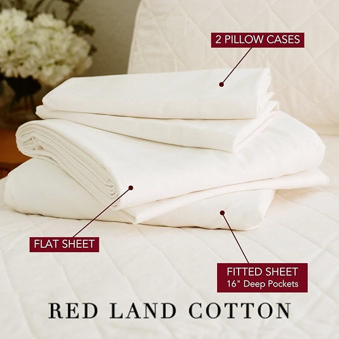 Red Land Cotton Luxury Sheet Set | 100% American Grown Cotton Basics | Premium Hotel Ultra-Soft Lightweight 4 Piece USA Made Deep Pocket Fitted, Flat Sheet, & Pillowcases Percale Weave (Twin/Natural)