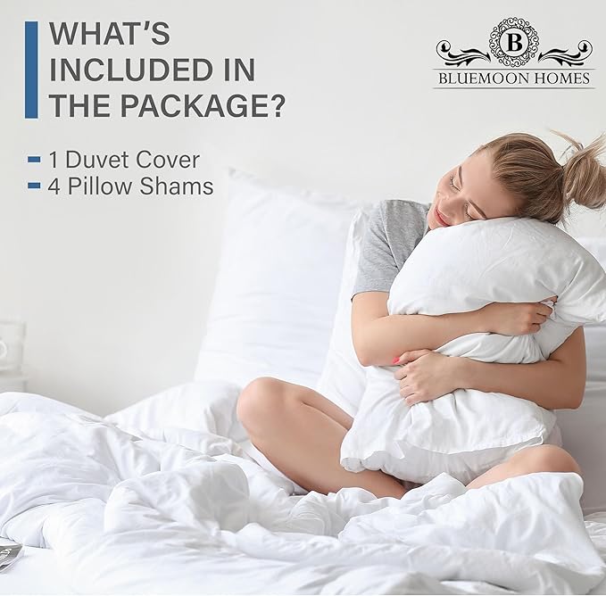 Bluemoon Homes Duvet Cover King Zipper Closure Cotton 1000 Thread Count White King 5 Piece Duvet Cover Set, 100% Long Staple Egyptian Cotton Quilt Cover King/Cal King Size, Silky Soft, Breathable