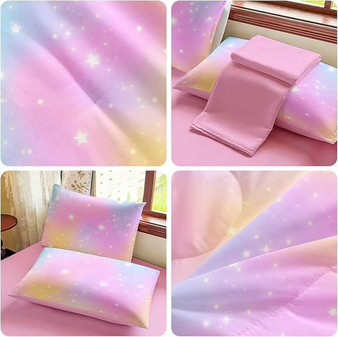 Rainbow Bedding Set Full Size – 5 Piece Reversible Girls Comforter with Deep-Pocket Sheet, Gradient Galaxy Design, Whole-Piece Filling, Machine Washable Bed-in-a-Bag for Kids Room Makeover & Gifts
