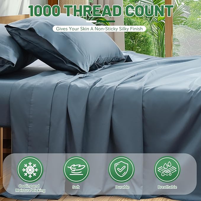 Egyptian Cotton Sheets Full Size 1000 Thread Count Sateen Weave Soft Breathable 16-Inch Deep Pocket 4PCS（Full,Dusty Blue）