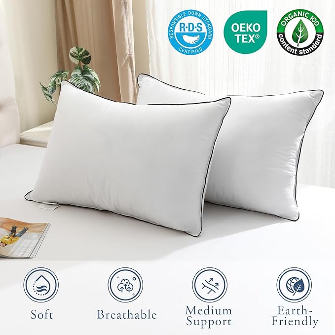 BPC Goose Feather Down Pillows Standard Size Set of 2, Luxury Feather Pillows for Sleeping, 100% Organic Cotton Cover, Soft Support Surround Fill Polyester, Hotel Collection Bed Pillows 20"x26"