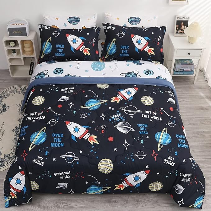 Wajade Kids Space Comforter Set Bed in A Bag Twin Size 7 Piece 3D Space Rocket Planets Bedding Set for Teens Boys Girls (1 Comforter, 1 Flat Sheet, 1 Fitted Sheet, 2 Pillowcase and 2 Pillow Sham)