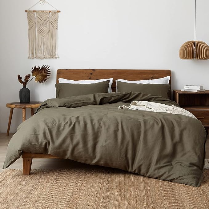 XZ XIFA Olive Green Linen Duvet Cover Oversized King, 100% Washed French Flax Linen Bedding Set with Zipper Closure, Cooling & Textured Bed Sets for Hot Sleepers(1 Duvet Cover, 2 Pillowcases)