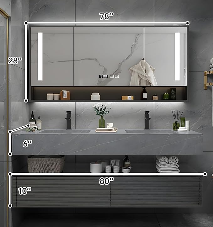 80IN Bathroom Vanity with Double Sink, Modern Bathroom Vanity with LED Smart Defogging Mirror Cabinet and Open Shelf, Floating Bathroom Cabinet with Striped Double Drawers, Oak Material (Grey)