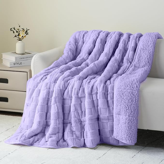 Uttermara Sherpa Fleece Weighted Blanket Queen Size 15lbs, 3D Jacquard Warm Sherpa Heavy Blanket for Adults, Soft Fuzzy Weighted Blankets for Couch Bed Sofa 60x80 Inches Lavender Fog