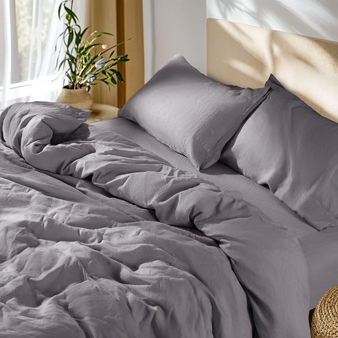 SONORO KATE 100% French Linen Duvet Cover King Size, Soft Breathable for Hot Sleepers, Moisture Wicking & Durable Cover Set - Zipper Closure & 4 Corner Ties Duvet Covers 3 Piece (Dark Grey,King)