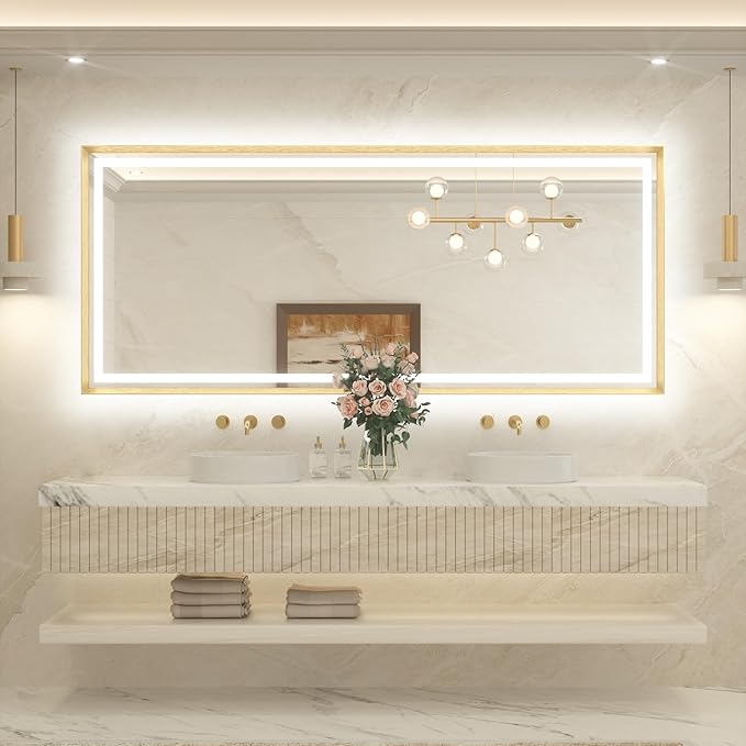 TETOTE 84 x 36 Bathroom LED Mirror Brushed Gold Metal Frame Frontlit & Backlit Vanity Mirror Anti-Fog Stepless Dimmable 3 Colors White/Warm/Natural Wall-Mounted