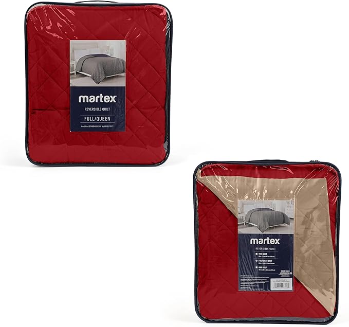Martex Reversible Coverlet – Full Queen Size Quilt - Lightweight Full Size Bedding– Durable Queen Size Quilts for Bed – Soft - Easy Care Bedding – Khaki/Red