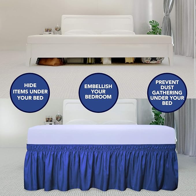 PureFit Wrap Around Ruffled Bed Skirt with Adjustable Elastic Belt - 14 Inch Drop Easy to Put On, Wrinkle Free Bedskirt Dust Ruffles, Bed Frame Cover for Queen, King and C-King Size Bed, Classic Blue